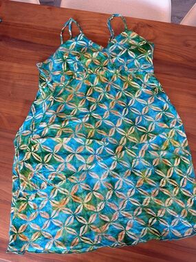Bali Batiks Blue & Green Geometric Summer  Dress or Beach Cover. Soft Knit. XL
